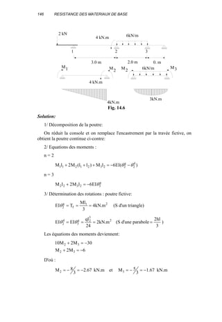 146 RESISTANCE DES MATERIAUX DE BASE
Solution:
1/ Décomposition de la poutre:
On réduit la console et on remplace l'encastrement par la travée fictive, on
obtient la poutre continue ci-contre:
2/ Equations des moments :
n = 2
)(EI6lM)ll(M2lM d
2
g
22321211 θθ −−=+++
n = 3
g
32322 EI6lM2lM θ−=+
3/ Détermination des rotations : poutre fictive:
21
f
g
2 m.kN4
3
Ml
TEI ===θ (S d'un triangle)
2
3
2g
3
d
2 m.kN2
24
ql
EIEI === θθ (S d'une parabole
3
hl2
= )
Les équations des moments deviennent:
6M2M
30M2M10
32
32
−=+
−=+
D'où :
67.2
3
8M2 −=−= kN.m et 67.1
3
5M3 −=−= kN.m
3.0 m 2.0 m 0. m
2 kN
4 kN.m 6kN/m
3kN.m
M M MM
4 kN.m
6kN/m 3221
4kN.m
1 2 3
Fig. 14.6
 