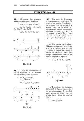 148 RESISTANCE DES MATERIAUX DE BASE
EXERCICES / chapitre 14
14.1 Déterminer les réactions
aux appuis des poutres suivantes.
a) Ra=P+3Pa/2L Mb=Pa/2
b) Ra=16qa/27 Ma=4qa²/9
Rb=38qa/27 Mb=3qa²/2
c) Ra=Rc=3qL/8 Rb=5qL/4
14.2 Tracer les diagrammes de
l'effort tranchant et du moment
fléchissant des poutres suivantes.
(a)Mmax=7qa²/32
Tmax=41qa/63
(b) Mmax=Pa Tmax=4P/3
14.3 Une poutre AB de longueur
L est encastrée aux extrémités. Elle
supporte une charge P appliquée à
une distance a de l'encastrement A.
Montrer que les moments aux
encastrements peuvent s'écrire sous
les formes suivantes: Ma = bMf/L et
Mb = aMf/L; où Mf = (Pab)/L est le
moment maximale d'une poutre
équivalente et simplement appuyée.
14.4 Une poutre ABC (figure
E14.4) est simplement appuyée sur
A et B, et attachée par un câble
extensible au point C. Déterminer la
tension du câble sous l'effet d'une
charge uniformément repartie sur
toute la longueur de la poutre.
T=3qAL4/(8AL3 + 12hI) .
14.5 Déterminer le tassement
différentiel de l'appui intermédiaire
par rapport aux appuis de rives de la
poutre (c) de la figure E14.1 qui
permet d'avoir toutes les réactions
égales.
Vb=7ql4/72EI
A
B
a
(a)
(b)
q
P
a
2a
L
A B
A B C
a a
(c)
Fig. E14.1
A B
a
(b)
q
A
a a
B
a
(a)P P
a
Fig. E14.2
A B C
L L
h
D
q
Fig. E14.4
 