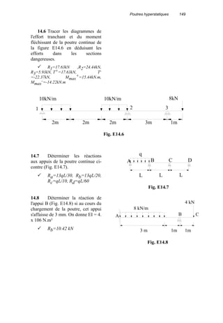 Poutres hyperstatiques 149
14.6 Tracer les diagrammes de
l'effort tranchant et du moment
fléchissant de la poutre continue de
la figure E14.6 en déduisant les
efforts dans les sections
dangereuses.
R1=17.63kN ,R2=24.44kN,
R3=5.93kN, T+=17.63kN, T-
=-22.37kN, Mmax
+=15.44kN.m,
Mmax
-=-14.22kN.m
14.7 Déterminer les réactions
aux appuis de la poutre continue ci-
contre (Fig. E14.7).
Ra=13qL/30, Rb=13qL/20,
Rc=qL/10, Rd=qL/60
14.8 Déterminer la réaction de
l'appui B (Fig. E14.8) si au cours du
chargement de la poutre, cet appui
s'affaisse de 3 mm. On donne EI = 4.
x 106 N.m²
Rb=10.42 kN
10kN/m 10kN/m 8kN
2m 2m 2m 3m 1m
1 2 3
Fig. E14.6
A B C D
LLL
q
Fig. E14.7
A
8 kN/m
B C
4 kN
3 m 1m 1m
Fig. E14.8
 