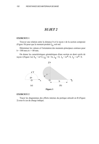 152 RESISTANCE DES MATERIAUX DE BASE
SUJET 2
EXERCICE 1
Trouver une relation entre la distance b et le rayon r de la section composée
(Figure 1b) pour que le moment produit Izy soit nul.
Déterminer les valeurs et l'orientation des moments principaux centraux pour
b = 100 mm et r = 80 mm.
On donne les caractéristiques géométriques d'une section en demi cercle de
rayon r (Figure 1a): Sx = πr²/2, yg= 4r / 3π, xg = 0, Ix = πr4 / 8, Iy = πr4 / 8.
EXERCICE 2
Tracer les diagrammes des efforts internes du portique articulé en B (Figure
2) sous le cas de charge indiqué.
Y
xO
r
b Y
Z
O
(a) (b)
g
Figure 1
 