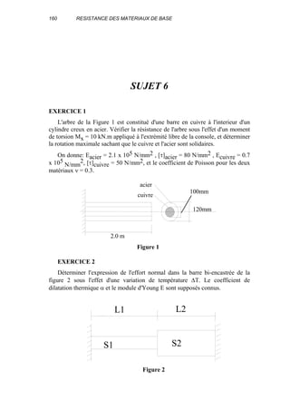 160 RESISTANCE DES MATERIAUX DE BASE
SUJET 6
EXERCICE 1
L'arbre de la Figure 1 est constitué d'une barre en cuivre à l'interieur d'un
cylindre creux en acier. Vérifier la résistance de l'arbre sous l'effet d'un moment
de torsion Mx = 10 kN.m appliqué à l'extrémité libre de la console, et déterminer
la rotation maximale sachant que le cuivre et l'acier sont solidaires.
On donne: Eacier = 2.1 x 105 N/mm2 , [τ]acier = 80 N/mm2 , Ecuivre = 0.7
x 105
N/mm
2, [τ]cuivre = 50 N/mm2, et le coefficient de Poisson pour les deux
matériaux ν = 0.3.
EXERCICE 2
Déterminer l'expression de l'effort normal dans la barre bi-encastrée de la
figure 2 sous l'effet d'une variation de température ∆T. Le coefficient de
dilatation thermique α et le module d'Young E sont supposés connus.
100mm
120mm
acier
cuivre
2.0 m
Figure 1
L1 L2
S1 S2
Figure 2
 