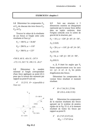 Introduction et Généralités 9
EXERCICES / chapitre 1
1.1 Déterminer les composantes Fx
et Fy de chacune des trois forces F1,
F2, et F3.
Trouver la valeur de la résultante
de ces forces et l'angle entre cette
résultante et l'axe yy'.
F1 = 100 N, α = 36.86°
F2 = 200 N, α = -110°
F3 = 300 N, α = 125°
80 N, 60 N, -68.4 N, -187.9
-172.1 N, 245.7 N, 199.1 N, -36.3°
1.2 Déterminer le module
minimal et l'angle correspondant
d'une force appliquée au point (0,1)
pour que le torseur des moments par
rapport au point O soit nul.
13.23 N, θ = π (parallèle à
l'axe ox)
1.3 Soit une structure à 3
dimensions soumise au chargement
représenté par le torseur force défini
dans un repère cartésien, dont
l'origine coïncide avec le centre de
gravité de la structure, par:
F1 = 10 t, α = 120°, β= 45°, θ = 30°,
A1 (1,0,0)
F2 = 20 t, α = -110°, β= 45°, θ= 30°,
A2 (0,1,0)
F3 = 8t, α = 60°, β = 30°, θ = 90°,
A3 (0,0,1)
α, β, θ étant les angles que Fi
forme respectivement avec les axes
xx', yy', et zz', et Ai les points
d'application des forces.
Déterminer les composantes du
vecteur force résultant et moment
résultant.
R=(-7.84,28.1,25.96)
M=(10.4,-4.66,13.91)
1.4 Déterminer les composantes
de la réaction résultante des forces
agissant sur le système de poutres
rigides de la Fig. E1.4, et le moment
résultant de toutes les forces par
rapport au point O.
R=(7.07,32.07) kN,
M/o = 17.07 kN.m
30
F1=100 N
(10,6)
(5,0)
F2= 50 N
F3 = 20 N
45
20
Y
XO
Fig. E1.2
 