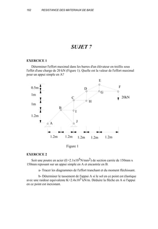 162 RESISTANCE DES MATERIAUX DE BASE
SUJET 7
EXERCICE 1
Déterminer l'effort maximal dans les barres d'un élévateur en treillis sous
l'effet d'une charge de 20 kN (Figure 1). Quelle est la valeur de l'effort maximal
pour un appui simple en A?
1.2m1.2m1.2m
20kN
1.2m 1.2m
0.5m
1m
1.2m
1m
Figure 1
A
B
C
D
E
F
G
H
I
J
EXERCICE 2
Soit une poutre en acier (E=2.1x105N/mm2) de section carrée de 150mm x
150mm reposant sur un appui simple en A et encastrée en B.
a- Tracer les diagrammes de l'effort tranchant et du moment fléchissant.
b- Déterminer le tassement de l'appui A si le sol en ce point est élastique
avec une raideur equivalente K=2.4x103 kN/m. Déduire la flèche en A si l'appui
en ce point est inexistant.
 