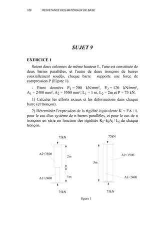 166 RESISTANCE DES MATERIAUX DE BASE
SUJET 9
EXERCICE 1
Soient deux colonnes de même hauteur L, l'une est constituée de
deux barres parallèles, et l'autre de deux tronçons de barres
coaxiallement soudés, chaque barre supporte une force de
compression P (Figure 1).
- Etant données E1 = 200 kN/mm², E2 = 120 kN/mm²,
A1 = 2400 mm², A2 = 3500 mm², L1 = 1 m, L2 = 2m et P = 75 kN.
1) Calculer les efforts axiaux et les déformations dans chaque
barre (et tronçon).
2) Déterminer l'expression de la rigidité équivalente K = EA / L
pour le cas d'un système de n barres parallèles, et pour le cas de n
tronçons en série en fonction des rigidités Ki=EiAi / Li de chaque
tronçon.
figure 1
75kN
75kN
A2=3500
A1=2400
2m
1m
75kN
A2=3500
A1=2400
75kN
3m
 