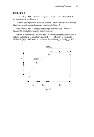 Problèmes d'examens 169
EXERCICE 2
Un portique ABC est articulé au point C et relié à une colonne CD de
section circulaire de diamètre d.
1) Tracer les diagrammes de l'effort normal, l'effort tranchant et du moment
fléchissant sous le cas de charge représenté sur la Figure 2.
2) Le portique ABC a une section rectangulaire creuse de 120 mm de
hauteur, 60 mm de largeur, et 10 mm d'épaisseur.
Vérifier la résistance du portique ABC, et dimensionner la colonne CD à la
stabilité sachant que le module d'élasticité E = 210 kN/mm², la contrainte
admissible [σ] = 160 N/mm², le coefficient de stabilité nst = 2 et λlim = 100.
1m 2m1m
1m
1m 10 kN
3 kN/m
A
B C
D
Figure 2
 