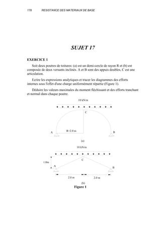 178 RESISTANCE DES MATERIAUX DE BASE
SUJET 17
EXERCICE 1
Soit deux poutres de toitures: (a) est un demi-cercle de rayon R et (b) est
composée de deux versants inclinés. A et B sont des appuis doubles, C est une
articulation.
Ecrire les expressions analytiques et tracer les diagrammes des efforts
internes sous l'effet d'une charge uniformément répartie (Figure 1).
Déduire les valeurs maximales du moment fléchissant et des efforts tranchant
et normal dans chaque poutre.
A
1.0m
2.0 m 2.0 m
C
B
10 kN/m
R=2.0 m
A
C
B
10 kN/m
(a)
(b)
Figure 1
 