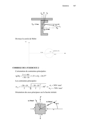 Solutions 187
On trace le cercle de Mohr:
Iyz
35.84
A(50.05,1.87)
15.°
50.3
CORRIGE DE L'EXERCICE 2
L'orientation de contraintes principales:
°=⇒=
−−
−×
= 57.2633.1
1050
)40(2
2tg 00 θθ
Les contraintes principales:
²mm/N70
²mm/N30
40
2
1050
2
1050
2
12
2
2,1
−=
=
⇒+




 −−
±
+−
=
σ
σ
σ
Orientation des axes principaux sur la facette initiale:
 