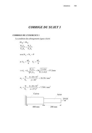 Solutions 195
CORRIGE DU SUJET 3
CORRIGE DE L'EXERCICE 1
La condition des allongements égaux s'écrit:
∆La = ∆Lc
mm2.57
2.01.1
4.02
30
LE
LE
dd
4
d
S
4
d
Set
PNNavec
SE
LN
SE
LN
ac
ca
ac
c
c
a
a
ca
cc
cc
aa
aa
=
×
×
==⇒
==
==
=
ππ
2
2
3
c
c
2
2
3
a
a
mm/N78.7
2.57
10204
S
N
mm/N3.28
30
10204
S
N
=
×
××
==
=
×
××
==
π
σ
π
σ
20 kN
Cuivre Acier
200 mm400 mm
Figure 1
 