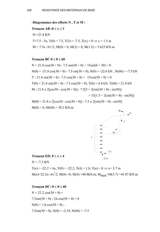 206 RESISTANCE DES MATERIAUX DE BASE
-Diagrammes des efforts N , T et M :
Tronçon AB :0 ≤ x ≤ 3
N=-21.8 KN
T=7.5 - 5x, T(0) = 7.5, T(3) = -7.5, T(x) = 0 ⇒ x = 1.5 m
M = 7.5x -5x²/2, M(0) = 0, M(3) = 0, M(1.5) = 5.625 KN.m
Tronçon BC 0 ≤ θ ≤ 60
N + 21.8 cos(30 + θ) - 7.5 sin(30 + θ) + 15sin(θ + 30) = 0
N(θ) = -21.8 cos(30 + θ) - 7.5 sin(30 + θ), N(0) = -22.6 kN , N(60) = -7.5 kN
T - 21.8 sin(30 + θ) - 7.5 cos(30 + θ) + 15cos(30 + θ) = 0
T(θ) = 21.8 sin(30 + θ) - 7.5 cos(30 + θ), T(0) = 4.4 kN, T(60) = 21.8 kN
M - 21.8 x 2[cos30 - cos(30 + θ)] - 7.5[3 + 2(sin(30 + θ) - sin30)]
+ 15[1.5 + 2(sin(30 + θ) - sin30)]
M(θ) = 21.8 x 2[cos30 - cos(30 + θ)] - 7.5 x 2[sin(30 + θ) - sin30]
M(0) = 0, M(60) = 30.2 KN.m
Tronçon ED: 0 ≤ x ≤ 4
N = -7.5 KN
T(x) = -22.2 + 6x, T(0) = -22.2, T(4) = 1.8, T(x) = 0 ⇒ x= 3.7 m
M(x)=22.2x- 6x²/2, M(0) =0, M(4) =40.8kN.m, Mmax=M(3.7) =41.07 KN.m
Tronçon DC: 0 ≤ θ ≤ 60
N + 22.2 cos(30 + θ) +
7.5sin(30 + θ) - 24 cos(30 + θ) = 0
N(θ) = 1.8 cos(30 + θ) -
7.5sin(30 + θ), N(0) = -2.19, N(60) = -7.5
21.8
7.5
5
M
T
N
30
θ
 