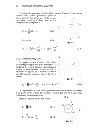 14 RESISTANCE DES MATERIAUX DE BASE
En utilisant les équations générales (2-6), on peut déterminer les moments
d'inertie d'une section quelconque quand on
puisse exprimer les termes y, z et ds par des
expressions analytiques. Pour une section
triangulaire par exemple on a:
)()( zH
H
B
zb −= (2-7)
ds = b(z)dz (2-8)
12
)(
3
0
22 BH
dzzHz
H
B
dszI
H
s
Y =−==⇒ ∫∫∫ (2-9)
2.2.4 Moment d'inertie polaire
On appelle moment d'inertie polaire d'une
surface (S) par rapport à un point donné (pôle O)
l'intégrale des produits des aires élémentaires par
le carré de leurs distances r à partir du pôle. Il
représente la capacité de la section à s'opposer
aux déformations angulaires sous l'effet de la
torsion.
YZ
ss
p IIdsyzdsrI +=+== ∫∫∫∫ )( 222
(2-10)
De l'équation (2-10), il en résulte que le moment d'inertie polaire par rapport
à un point est la somme des moments d'inertie par rapport à deux axes
orthogonaux passant par ce point.
Exemple : moment polaire d'un cercle:
∫∫=
s
2
o dsrI (2-11)
32
d
drr2I
42d
0
3
o
π
π == ∫ (2-12)
y
z
b
ds
dz
H
B
z
Fig. 2.4
Z
Yy
z
ds
r
Fig. 2.5
ds
Z
Y
dr
r
d/2
O
Fig. 2.6
 