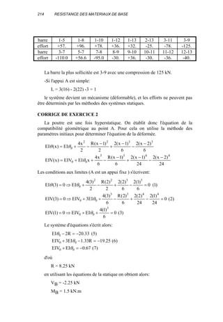 214 RESISTANCE DES MATERIAUX DE BASE
barre 1-5 1-8 1-10 1-12 1-13 2-13 3-11 3-9
effort +57. +96. +78. +36. +32. -25. -78. -125.
barre 3-7 5-7 7-8 8-9 9-10 10-11 11-12 12-13
effort -110.0 +56.6 -95.0 -30. +36. -30. -36. -40.
La barre la plus sollicitée est 3-9 avec une compression de 125 kN.
-Si l'appui A est simple:
L = 3(16) - 2(22) -3 = 1
le système devient un mécanisme (déformable), et les efforts ne peuvent pas
être déterminés par les méthodes des systèmes statiques.
CORRIGE DE EXERCICE 2
La poutre est une fois hyperstatique. On établit donc l'équation de la
compatibilité géométrique au point A. Pour cela on utilise la méthode des
paramètres initiaux pour déterminer l'équation de la déformée.
24
)2x(2
24
)1x(2
6
)1x(R
6
x4
xEIEIV)x(EIV
6
)2x(2
6
)1x(2
2
)1x(R
2
x4
EI)x(EI
4433
00
3322
0
−
−
−
+
−
−++=
−
−
−
+
−
−+=
θ
θθ
Les conditions aux limites (A est un appui fixe ) s'écrivent:
)3(0
6
)1(4
EIEIV0)1(EIV
)2(0
24
)1(2
24
)2(2
6
)2(R
6
)3(4
EI3EIV0)3(EIV
)1(0
6
)1(2
6
)2(2
2
)2(R
2
)3(4
EI0)3(EI
3
00
4433
00
3322
0
=++⇒=
=−+−++⇒=
=−+−+⇒=
θ
θ
θθ
Le système d'équations s'écrit alors:
)7(67.0EIEIV
)6(25.19R33.1EI3EIV
)5(33.20R2EI
00
00
0
−=+
−=−+
−=−
θ
θ
θ
d'où
R = 8.25 kN
en utilisant les équations de la statique on obtient alors:
VB = -2.25 kN
MB = 1.5 kN.m
 