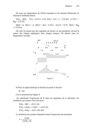 Solutions 215
On trace les diagrammes de l'effort tranchant et du moment fléchissant en
utilisant la méthode directe:
T(0) = -4kN, T(1) = 8.25-4 =4.25, T(2) = 4.25 - 2 = 2.25 kN, et T(3) = -
RB = 2.25 kN
M(0) = 0, M(1) = -4, M(2) = -4x2 + 8.25x1 - 2(1)/2 = -0.75, M(3) = MB
=1.5 kN.m
On relie les points par des segments de droites ou des paraboles suivant la
nature des charges appliquées dans chaque tronçon. On obtient ainsi les
diagrammes suivants:
b) Pour un appui élastique la réaction au point A devient
R = Kf
f est le tassement de l'appui A
En substituant l'expression de R dans les équations de la déformée, les
conditions aux limites s'écrivent alors:
)10(fEI67.0EIEIV
)9(25.19fK33.1EI3EIV
)8(33.20fK2EI
00
00
0
+−=+
−=−+
−=−
θ
θ
θ
La résolution du système d'équation donne l'expression du tassement
EIK67.2
02.22
f
+
=
4kN 2kN/m
1 m 1 m 1 m
A B
Figure 2
4
4.25 2.25
2.25
T
M
4
0.75
1.5
 