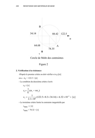 230 RESISTANCE DES MATERIAUX DE BASE
2. Vérification à la résistance:
-D'après le premier critère on doit vérifier si σ1≤[σ]
on a σ1 = 122.5 < [σ]
- La condition du deuxième critère s'ecrit:
ε1 ≤ [ε]
ε σ νσ
ε ε
1 1 2
1 5
4
1
1
2 1 10
122 5 0 3 34 14 6 32 10
= −
=
×
+ × = × <−
E
( )
.
( . . . ) . [ ]
- Le troisième critère limite la contrainte tangentielle par
τmax ≤ [τ]
τmax = 78.32 < [τ]
Figure 2
64.68
88.42 122.534.14
A
B
78.35
σ
τ
Cercle de Mohr des contraintes
 