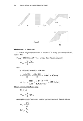 232 RESISTANCE DES MATERIAUX DE BASE
Vérification à la résistance:
La section dangereuse se trouve au niveau de la charge concentrée dans le
tronçon AB:
Mmax = 12.1 kN.m et N = 1.55 kN (cas d'une flexion composée)
σmax = +
N
A
My
I
avec
S = 120 ×60 -100 ×40 = 3200 mm²
I mm=
×
−
×
= ×
60 120
12
40 100
12
530 67 10
3 3
4 4
.
⇒ = +
× ×
×
= <σ σmax
.
.
. [ ]
1550
3200
12 1 10 60
530 67 10
137 3
6
4
Dimensionnement de la colonne:
N = 8 kN
σ σmax [ ]= ≤
N
S
s
On suppose que le flambement est élastique, et on utilise la formule d'Euler:
σ
π
λ
σ
σ
cr
s
cr
st
E
n
=
=
2
2
[ ]
Figure 3
1.55
8N
12.1
10
M
8.56
1.44
2
8
T
 