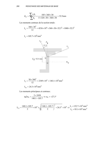 260 RESISTANCE DES MATERIAUX DE BASE
mm5.52
30360301203
30360105
S
Sz
Z
i
ii
G =
×+××
××
==
∑
∑
Les moments centraux de la section totale:
46
y
224
3
y
mm107.105I
5.5210805.5230360104536
12
30360
I
×=
×+××××+
×
=
464
3
z mm101.140102349
12
36030
I ×=×+
×
=
46
zy mm103.24I ×=
Les moments principaux et centraux:
°+=⇒
−
×
= 3.27
7.1051.140
24302
2tg 00 αα
46
2
46
162
2
6
2,1
mm101.93I
mm107.152I
103.24
2
7.1051.140
10
2
7.1051.140
I
×=
×=
⇒×+




 −
±×
+
=
O Y
Z
GZg= 52.5 mm
I
1
I 2
27.3°
 