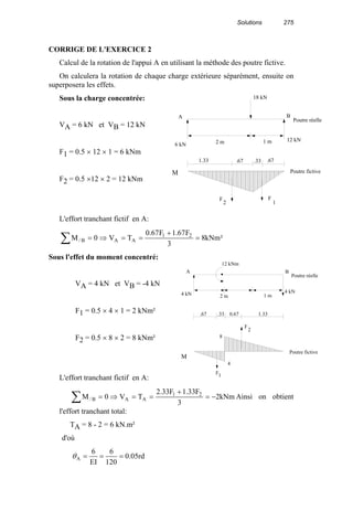 Solutions 275
CORRIGE DE L'EXERCICE 2
Calcul de la rotation de l'appui A en utilisant la méthode des poutre fictive.
On calculera la rotation de chaque charge extérieure séparément, ensuite on
superposera les effets.
Sous la charge concentrée:
VA = 6 kN et VB = 12 kN
F1 = 0.5 × 12 × 1 = 6 kNm
F2 = 0.5 ×12 × 2 = 12 kNm
L'effort tranchant fictif en A:
²kNm8
3
F67.1F67.0
TV0M 21
AAB/ =
+
==⇒=∑
Sous l'effet du moment concentré:
VA = 4 kN et VB = -4 kN
F1 = 0.5 × 4 × 1 = 2 kNm²
F2 = 0.5 × 8 × 2 = 8 kNm²
L'effort tranchant fictif en A:
kNm2
3
F33.1F33.2
TV0M 21
AAB/ −=
+
==⇒=∑ Ainsi on obtient
l'effort tranchant total:
TA = 8 - 2 = 6 kN.m²
d'où
rd05.0
120
6
EI
6
A ===θ
2 m 1 m
18 kN
A B
6 kN
12 kN
1.33 .67 .33 .67
F F
12
Poutre fictive
Poutre réelle
M
2 m 1 m
12 kNm
A B
4 kN
.67 0.67.33 1.33
F
2
Poutre fictive
Poutre réelle
M
4 kN
F1
8
4
 