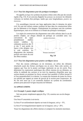 28 RESISTANCE DES MATERIAUX DE BASE
3.3.4 Tracé des diagrammes pour des portiques isostatiques
On appelle portique les systèmes de poutres reliées entre elles par des noeuds
rigides (Fig. 3.8). Il est convenu d'appeler les poteaux ou montants les éléments
verticaux ou inclinés d'un portique, tandis que ceux longitudinaux, poutres ou
traverses.
Ces assemblages trouvent une large application dans le domaine du génie
civil. Ils sont très utilisés comme systèmes de base dans les constructions telles
que les bâtiments et les hangars. Généralement les portiques sont des systèmes
hyperstatiques, mais on se limitera ici à l'étude des portiques isostatiques.
Les règles de construction des diagrammes sont celles utilisées dans le cas de
poutres simples, car chaque élément du portique est considéré ainsi. Les
conventions de signe
préalablement établies
restent valables; les
ordonnées positives des N
et des T sont portés de
façon à être dirigées vers
le coté extérieur, les
diagrammes des moments
positifs sont tracés du coté
des fibres tendues.
3.3.5 Tracé des diagrammes pour poutres curvilignes (arcs)
Pour des raisons esthétiques ou de résistance, on utilise des éléments
structurels ayant des formes curvilignes (ou en arcs). Dans cette section, on
suppose que l'axe de la poutre curviligne représente un arc de cercle. Pour
déterminer les expressions analytiques des efforts internes de ces éléments, on
utilise la méthode des sections et on écrit les équations d'équilibre pour une
section donnée en projetant les forces suivant l'axe parallèle à l'effort normal N
et l'axe perpendiculaire à ce dernier. La somme des moments de toutes les forces
est calculée par rapport au centre de gravité de la section pour l'expression de
M. On note aussi qu' il est commode d'utiliser un système de coordonnées
polaires pour parcourir la ligne moyenne de l'élément.
3.4 APPLICATIONS
3.4.1 Exemple 1: poutre simple rectiligne
Soit une poutre simplement appuyée (Fig. 3.9), soumise aux cas de charges
suivants:
Une force P concentrée à mi-travée.
La force P est uniformément répartie sur toute la longueur, soit q = P/L.
La force P est triangulairement répartie sur la longueur, soit q = 2P/L.
Tracer les diagrammes des efforts internes et comparer les moments maximaux.
poutres (traverses)
Poteaux (montants)
Fig. 3.8
 