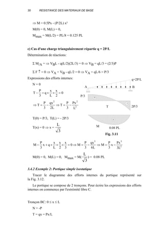 30 RESISTANCE DES MATERIAUX DE BASE
⇒ M = 0.5Px - (P/2L) x²
M(0) = 0, M(L) = 0,
Mmax = M(L/2) = PL/8 = 0.125 PL
c) Cas d'une charge triangulairement répartie q = 2P/L
Détermination de réactions:
Σ M/A = ⇒ VBL - q(L/2)(2L/3) = 0 ⇒ VB = qL/3 = (2/3)P
Σ F ↑ = 0 ⇒ VA + VB - qL/2 = 0 ⇒ VA = qL/6 = P/3
Expressions des efforts internes:
N = 0
0
2
x
L
x
q
3
P
T =××+−
2
22
L
Px
3
P
T
L2
qx
3
P
T −=⇒−=⇒
T(0) = P/3, T(L) = - 2P/3
T(x) = 0 ⇒ x =
L
3
2
33
L3
Px
x
3
P
M
L6
qx
3
P
M0
3
x
2
x
L
x
qx
3
P
M −=⇒−=⇒=×××+−
M(0) = 0, M(L) = 0, Mmax = M(
L
3
) = 0.08 PL
3.4.2 Exemple 2: Portique simple isostatique
Tracer le diagramme des efforts internes du portique représenté sur
la Fig. 3.12.
Le portique se compose de 2 tronçons. Pour écrire les expressions des efforts
internes on commence par l'extrémité libre C.
Tronçon BC: 0 ≤ x ≤ L
N = -P
T = qx = Px/L
+
+
-
A B
P/3
2P/3
0.08 PL
q=2P/L
T
M
Fig. 3.11
 