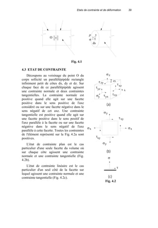 Etats de contrainte et de déformation 39
O
p
ds
σ
τ
Fig. 4.1
4.3 ETAT DE CONTRAINTE
Découpons au voisinage du point O du
corps sollicité un parallélépipède rectangle
infiniment petit de côtes dx, dy et dz. Sur
chaque face de ce parallélépipède agissent
une contrainte normale et deux contraintes
tangentielles. La contrainte normale est
positive quand elle agit sur une facette
positive dans le sens positive de l'axe
considéré ou sur une facette négative dans le
sens négatif de cet axe. Une contrainte
tangentielle est positive quand elle agit sur
une facette positive dans le sens positif de
l'axe parallèle à la facette ou sur une facette
négative dans le sens négatif de l'axe
parallèle à cette facette. Toutes les contraintes
de l'élément représenté sur la Fig. 4.2a sont
positives.
L'état de contrainte plan est le cas
particulier d'une seule facette du volume où
sur chaque côte agissent une contrainte
normale et une contrainte tangentielle (Fig.
4.2b).
L'état de contrainte linéaire est le cas
particulier d'un seul côté de la facette sur
lequel agissent une contrainte normale et une
contrainte tangentielle (Fig. 4.2c).
s
σ
σ
τ
τ
τ
τ
τ
τ
x
y
z
xz
xy
zx
zy
yz
yx
σy
σx σx
σy
τxy
τxy
σ
τ
(c)
(b)
(a)
Fig. 4.2
 