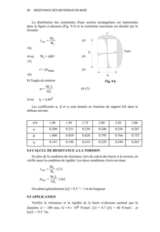 88 RESISTANCE DES MATERIAUX DE BASE
La distribution des contraintes d'une section rectangulaire est représentée
dans la figure ci-dessous (Fig. 9-5) et la contrainte maximale est donnée par la
formule:
t
x
max
W
M
=τ (9-
14)
Avec Wt = αhb² (9-
15)
τ' = βτmax (9-
16)
Et l'angle de rotation
t
x
GI
LM
=ϕ (9-17)
Avec It = η hb3
Les coefficients α, β et η sont donnés en fonction du rapport h/b dans le
tableau suivant:
h/b 1.00 1.50 1.75 2.00 2.50 3.00
α 0.208 0.231 0.239 0.246 0.256 0.267
β 1.000 0.859 0.820 0.795 0.766 0.753
η 0.141 0.196 0.214 0.229 0.249 0.263
9.4 CALCUL DE RESISTANCE A LA TORSION
En plus de la condition de résistance, lors du calcul des barres à la torsion, on
vérifie aussi la condition de rigidité. Les deux conditions s'écrivent donc:
][
GI
LM
][
W
M
t
x
max
t
x
max
ϕϕ
ττ
≤=
≤=
On admet généralement [ϕ] = 0.3 ° / 1 m de longueur
9.5 APPLICATION
Vérifier la résistance et la rigidité de la barre ci-dessous sachant que le
diamètre d = 100 mm, G = 8 × 104 N/mm², [τ] = 0.7 [σ] = 40 N/mm², et
[ϕ]/L = 0.3 °/m.
τmaxh
b
τ'
Fig. 9.6
 