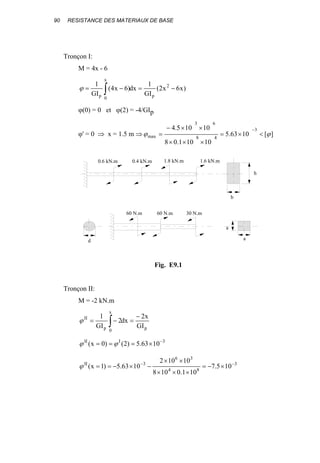 90 RESISTANCE DES MATERIAUX DE BASE
Tronçon I:
M = 4x - 6
)x6x2(
GI
1
dx)6x4(
GI
1 2
p
x
0p
−=−= ∫ϕ
ϕ(0) = 0 et ϕ(2) = -4/GIp
ϕ' = 0 ⇒ x = 1.5 m ⇒ ][1063.5
10101.08
10105.4 3
48
63
max ϕϕ <×=
×××
××−
=
−
Tronçon II:
M = -2 kN.m
p
x
0p
II
GI
x2
dx2
GI
1 −
=−= ∫ϕ
3III
1063.5)2()0x( −
×=== ϕϕ
3
84
36
3II
105.7
101.0108
10102
1063.5)1x( −−
×−=
×××
××
−×−==ϕ
60 N.m 60 N.m 30 N.m
a
a
d
h
b
0.6 kN.m 0.4 kN.m 1.8 kN.m 1.6 kN.m
Fig. E9.1
 