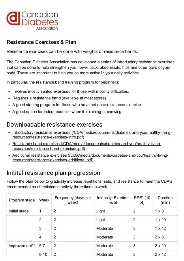 Resistance exercises plan canadian diabetes association