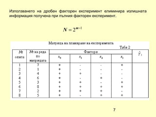 Използването на дробен факторен експеримент елиминира излишната
информация получена при пълния факторен експеримент.


                        N = 2 m −1




                                               7
 