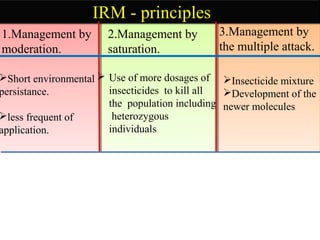 IRM - principles 
1.Management by 
moderation. 
2.Management by 
saturation. 
3.Management by 
the multiple attack. 
Short environmental 
persistance. 
less frequent of 
application. 
 Use of more dosages of 
insecticides to kill all 
the population including 
heterozygous 
individuals 
Insecticide mixture 
Development of the 
newer molecules 
 
