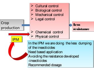 Crop 
production 
Crop 
production 
Less 
resistance 
Less 
resistance 
 Cultural control 
 Biological control 
 Mechanical control 
 Legal control 
 Cultural control 
 Biological control 
 Mechanical control 
 Legal control 
 Chemeical control 
 Physical control 
 Chemeical control 
 Physical control 
IIPPMM 
In the IPM we are doing the less dumping 
of the insecticides 
Need based application 
Avoiding the resistance developed 
-insecticides 
Recommended dosage 
In the IPM we are doing the less dumping 
of the insecticides 
Need based application 
Avoiding the resistance developed 
-insecticides 
Recommended dosage 
 