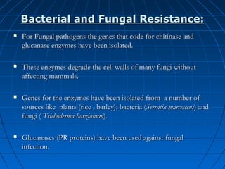 Bacterial and Fungal Resistance:


For Fungal pathogens the genes that code for chitinase and
glucanase enzymes have been isolated.



These enzymes degrade the cell walls of many fungi without
affecting mammals.



Genes for the enzymes have been isolated from a number of
sources like plants (rice , barley); bacteria (Serratia marcescens) and
fungi ( Trichoderma harzianum).



Glucanases (PR proteins) have been used against fungal
infection.

 