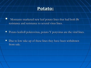 Potato:


Monsanto marketed new leaf potato lines that had both Bt
resistance and resistance to several virus lines.



Potato leafroll polerovirus, potato Y potyvirus are the viral lines.



Due to low take up of these lines they have been withdrawn
from sale.

 