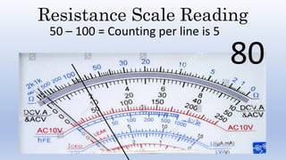 Resistance Scale Reading
50 – 100 = Counting per line is 5
80
 