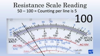 Resistance Scale Reading
50 – 100 = Counting per line is 5
100
 