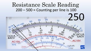 Resistance Scale Reading
200 – 500 = Counting per line is 100
250
 