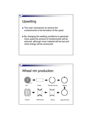 Upsetting
 The main mechanism to remove the
contaminants is the formation of the upset.
 By changing the welding conditions to generate
more upset the amount of contaminants will be
reduced, although more material will be lost and
more energy will be consumed.
Wheel rim production
 