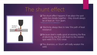  The shunt effect happens if we place the spot
welds too closely together - they should always
be at least an *inch apart.
* What is an inch in millimetres?
 Electricity always likes to take 'the path of least
resistance'.
 Because steel is really good at resisting the flow
of electricity, the flow will divert to the nearest
spot weld if it is TOO close.
 This diversion, or 'shunt' will really weaken the
weld.
 
