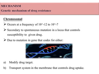 Chromosomal
➢ Occurs at a frequency of 10^-12 to 10^-7
➢ Secondary to spontaneous mutation in a locus that controls
susceptibility to given drug.
➢ Due to mutation in gene that codes for either:
a) Modify drug target.
b) Transport system in the membrane that controls drug uptake.
 