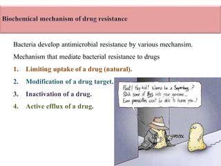 Bacteria develop antimicrobial resistance by various mechansim.
Mechanism that mediate bacterial resistance to drugs
1. Limiting uptake of a drug (natural).
2. Modification of a drug target.
3. Inactivation of a drug.
4. Active efflux of a drug.
 