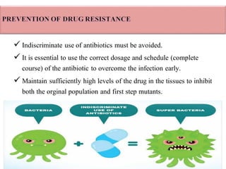 Prevention of drug resistance
✓ Indiscriminate use of antibiotics must be avoided.
✓ It is essential to use the correct dosage and schedule (complete
course) of the antibiotic to overcome the infection early.
✓ Maintain sufficiently high levels of the drug in the tissues to inhibit
both the orginal population and first step mutants.
 