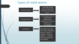 Types of weld seams
Mashed Seam
Join light gage
sheet metal with
thickness less than
1/16 ’’
Flanged Seam
The Flange Joint Is
Frequently
Employed In
Fastening Tops And
Bottoms To
containers.
Lap Seam THE WIDTH OF THE
LAP FOR A STRONG
QUALITY WELD IS
USUALLY HELD AT
ABOUT 1 ½ TIMES
THE THICKNESS OF
THE SHEETS.
 