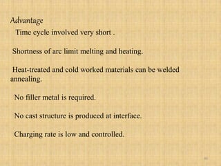 Advantage
Time cycle involved very short .
Shortness of arc limit melting and heating.
Heat-treated and cold worked materials can be welded
annealing.
No filler metal is required.
No cast structure is produced at interface.
Charging rate is low and controlled.
40
 