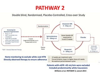 PATHWAY 2
Home monitoring to exclude white coat HTN
Directly observed therapy to ensure adherence
Patients with eGFR <45 mL/min were excluded
Included predominantly white Caucasians
Williams et al, PATHWAY 2, Lancet 2015
 