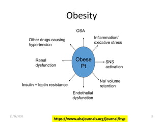 Obesity
Obese
Pt
OSA
Inflammation/
oxidative stress
SNS
activation
Na/ volume
retentionInsulin + leptin resistance
Renal
dysfunction
Other drugs causing
hypertension
https://www.ahajournals.org/journal/hyp
11/28/2020 15
Endothelial
dysfunction
 
