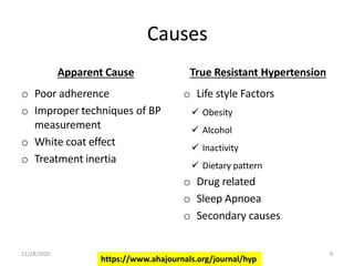 Causes
Apparent Cause
o Poor adherence
o Improper techniques of BP
measurement
o White coat effect
o Treatment inertia
True Resistant Hypertension
o Life style Factors
 Obesity
 Alcohol
 Inactivity
 Dietary pattern
o Drug related
o Sleep Apnoea
o Secondary causes
https://www.ahajournals.org/journal/hyp
11/28/2020 9
 