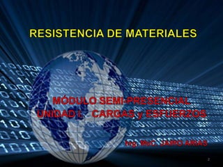 RESISTENCIA DE MATERIALES<br />MÓDULO SEMI-PRESENCIAL<br />UNIDAD I.   CARGAS y ESFUERZOS<br />Ing. MsC. JAIRO ARIAS<br />...