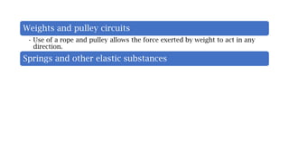Weights and pulley circuits
• Use of a rope and pulley allows the force exerted by weight to act in any
direction.
Springs and other elastic substances
 