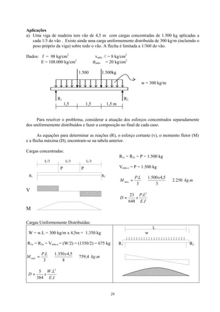 29
Aplicações
a) Uma viga de madeira tem vão de 4,5 m com cargas concentradas de 1.500 kg aplicadas a
cada 1/3 do vão . Existe ainda uma carga uniformemente distribuída de 300 kg/m (incluindo o
peso próprio da viga) sobre todo o vão. A flecha é limitada a 1/360 do vão.
Dados: f = 98 kg/cm2
vadm. // = 8 kg/cm2
E = 108.000 kg/cm2
σadm. ⊥ = 20 kg/cm2
1.500 1.500kg
w = 300 kg/m
R1 R2
1,5 1,5 1,5 m
Para resolver o problema, considerar a atuação dos esforços concentrados separadamente
dos uniformemente distribuídos e fazer a composição no final de cada caso.
As equações para determinar as reações (R), o esforço cortante (v), o momento fletor (M)
e a flecha máxima (D), encontram-se na tabela anterior.
Cargas concentradas:
L/3 L/3 L/3
P P
R1 R2
V
M
R1c = R2c = P = 1.500 kg
Vmáx.c = P = 1.500 kg
mkg
xLP
M máx .250.2
3
5,4500.1
3
.
⇒⇒=
IE
LP
xD
.
.
648
23 3
=
Cargas Uniformemente Distribuídas:
W = w.L = 300 kg/m x 4,5m = 1.350 kg
R1u = R2u = Vmáx.u = (W/2) = (1350/2) = 675 kg
mkg
xLP
M máx .4,759
8
5,4350.1
3
.
⇒⇒=
IE
LW
xD
.
.
384
5 3
=
L
w
↓↓↓↓↓↓↓↓↓↓↓↓↓↓↓↓↓↓↓↓↓↓↓↓
R1 R2
 