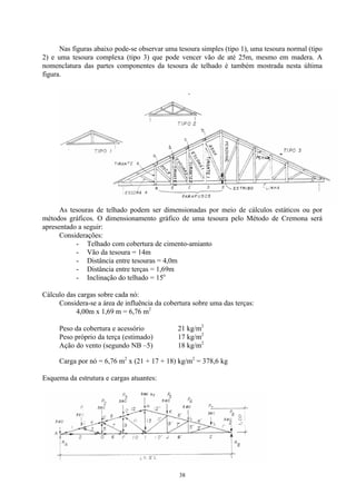 38
Nas figuras abaixo pode-se observar uma tesoura simples (tipo 1), uma tesoura normal (tipo
2) e uma tesoura complexa (tipo 3) que pode vencer vão de até 25m, mesmo em madera. A
nomenclatura das partes componentes da tesoura de telhado é também mostrada nesta última
figura.
As tesouras de telhado podem ser dimensionadas por meio de cálculos estáticos ou por
métodos gráficos. O dimensionamento gráfico de uma tesoura pelo Método de Cremona será
apresentado a seguir:
Considerações:
- Telhado com cobertura de cimento-amianto
- Vão da tesoura = 14m
- Distância entre tesouras = 4,0m
- Distância entre terças = 1,69m
- Inclinação do telhado = 15o
Cálculo das cargas sobre cada nó:
Considera-se a área de influência da cobertura sobre uma das terças:
4,00m x 1,69 m = 6,76 m2
Peso da cobertura e acessório 21 kg/m2
Peso próprio da terça (estimado) 17 kg/m2
Ação do vento (segundo NB –5) 18 kg/m2
Carga por nó = 6,76 m2
x (21 + 17 + 18) kg/m2
= 378,6 kg
Esquema da estrutura e cargas atuantes:
 