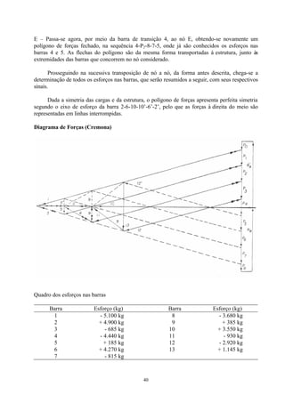 40
E – Passa-se agora, por meio da barra de transição 4, ao nó E, obtendo-se novamente um
polígono de forças fechado, na sequência 4-P2-8-7-5, onde já são conhecidos os esforços nas
barras 4 e 5. As flechas do polígono são da mesma forma transportadas à estrutura, junto às
extremidades das barras que concorrem no nó considerado.
Prosseguindo na sucessiva transposição de nó a nó, da forma antes descrita, chega-se a
determinação de todos os esforços nas barras, que serão resumidos a seguir, com seus respectivos
sinais.
Dada a simetria das cargas e da estrutura, o polígono de forças apresenta perfeita simetria
segundo o eixo de esforço da barra 2-6-10-10’-6’-2’, pelo que as forças à direita do meio são
representadas em linhas interrompidas.
Diagrama de Forças (Cremona)
Quadro dos esforços nas barras
Barra Esforço (kg) Barra Esforço (kg)
1 - 5.100 kg 8 - 3.680 kg
2 + 4.900 kg 9 + 385 kg
3 - 685 kg 10 + 3.550 kg
4 - 4.440 kg 11 - 930 kg
5 + 185 kg 12 - 2.920 kg
6 + 4.270 kg 13 + 1.145 kg
7 - 815 kg
 
