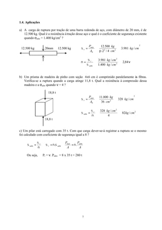 7
1.4. Aplicações
a) A carga de ruptura por tração de uma barra redonda de aço, com diâmetro de 20 mm, é de
12.500 kg. Qual é a resistência à tração desse aço e qual é o coeficiente de segurança existente
quando σadm = 1.400 kg/cm2
?
12.500 kg 20mm 12.500 kg
2
22
0
/981.3
4/2.
500.12
cmkg
cm
kg
A
Pmáx
r ⇒⇒=
π
σ
84,2
/400.1
/981.3
2
2
⇒⇒=
cmkg
cmkg
adm
r
σ
σ
ν ν
b) Um prisma de madeira de pinho com seção 6x6 cm é comprimido paralelamente às fibras.
Verifica-se a ruptura quando a carga atinge 11,8 t. Qual a resistência à compressão dessa
madeira e a σadm quando ν = 4 ?
18,8 t
2
2
0
/328
36
800.11
cmkg
cm
kg
A
Pmáx
r ⇒⇒=σ
2
2
/82
4
/328
cmkg
cmkgr
adm ⇒⇒=
ν
σ
σ
18,8 t
c) Um pilar está carregado com 35 t. Com que carga dever-se-á registrar a ruptura se o mesmo
foi calculado com coeficiente de segurança igual a 8 ?
A
P
A
P admmáx
admr
r
adm .. νσνσ
ν
σ
σ =∴=⇒=
Ou seja, Pr = ν. Padm = 8 x 35 t = 280 t
 